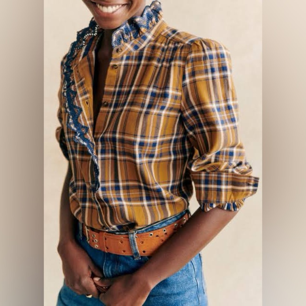 Plaid Ruffle Trim Women's Top - Picture 2 of 4